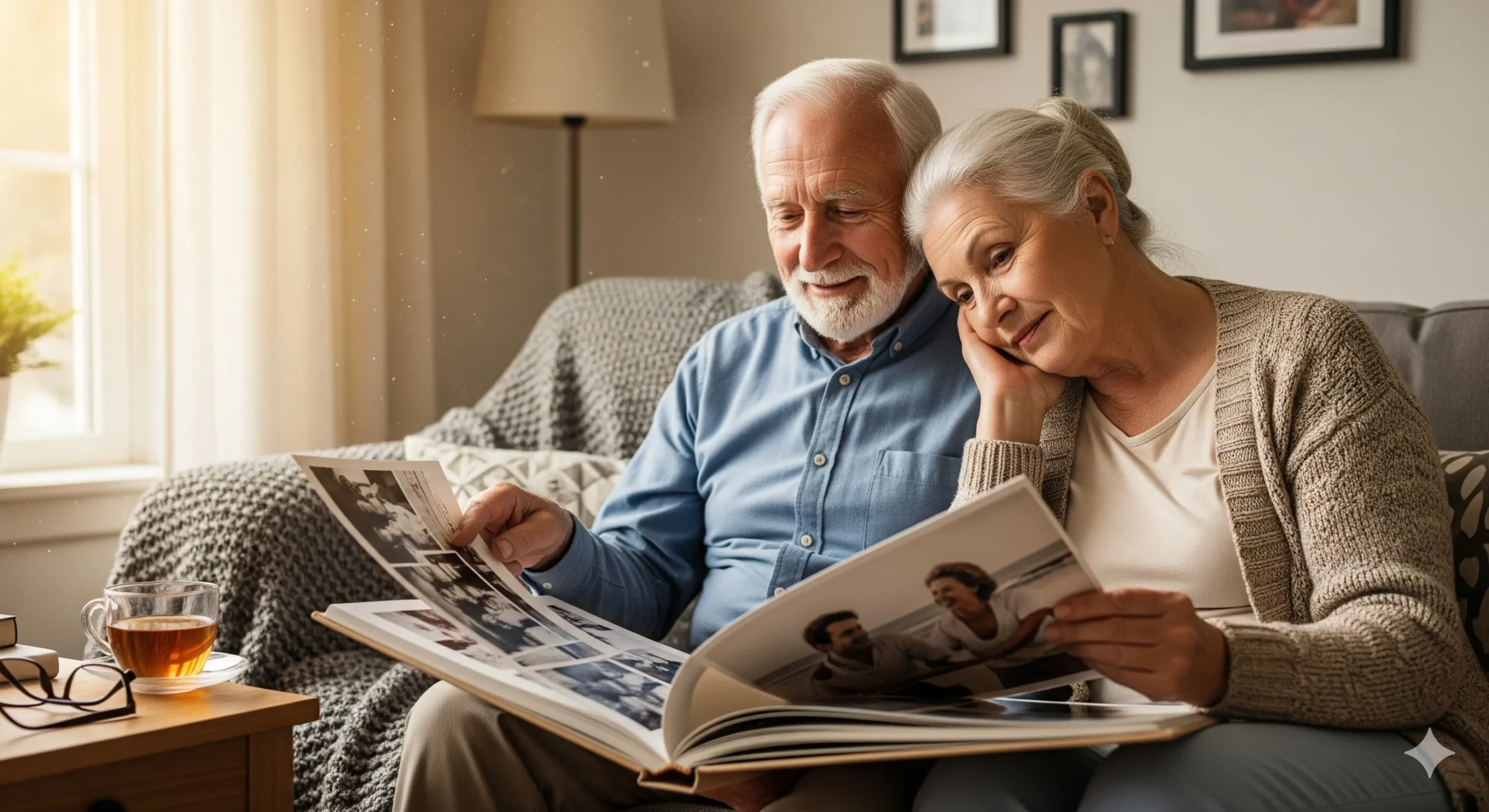 A serene older couple looking at a photo album, representing the warmth of companionship and the value of preserved memories in the face of aging.