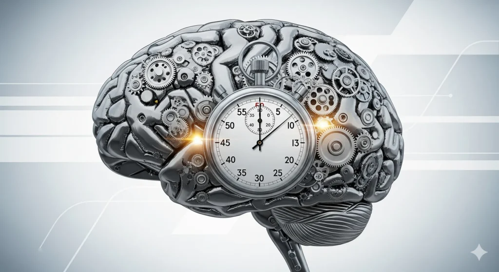 Illustration of a brain with mechanical gears and a stopwatch, symbolizing a more efficient and faster cognitive function achieved through smart choices.