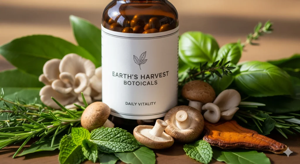 A bottle of natural health supplements is shown surrounded by the raw ingredients it contains, such as Bacopa Monnieri leaves and Lion's Mane mushroom, emphasizing its natural origin.