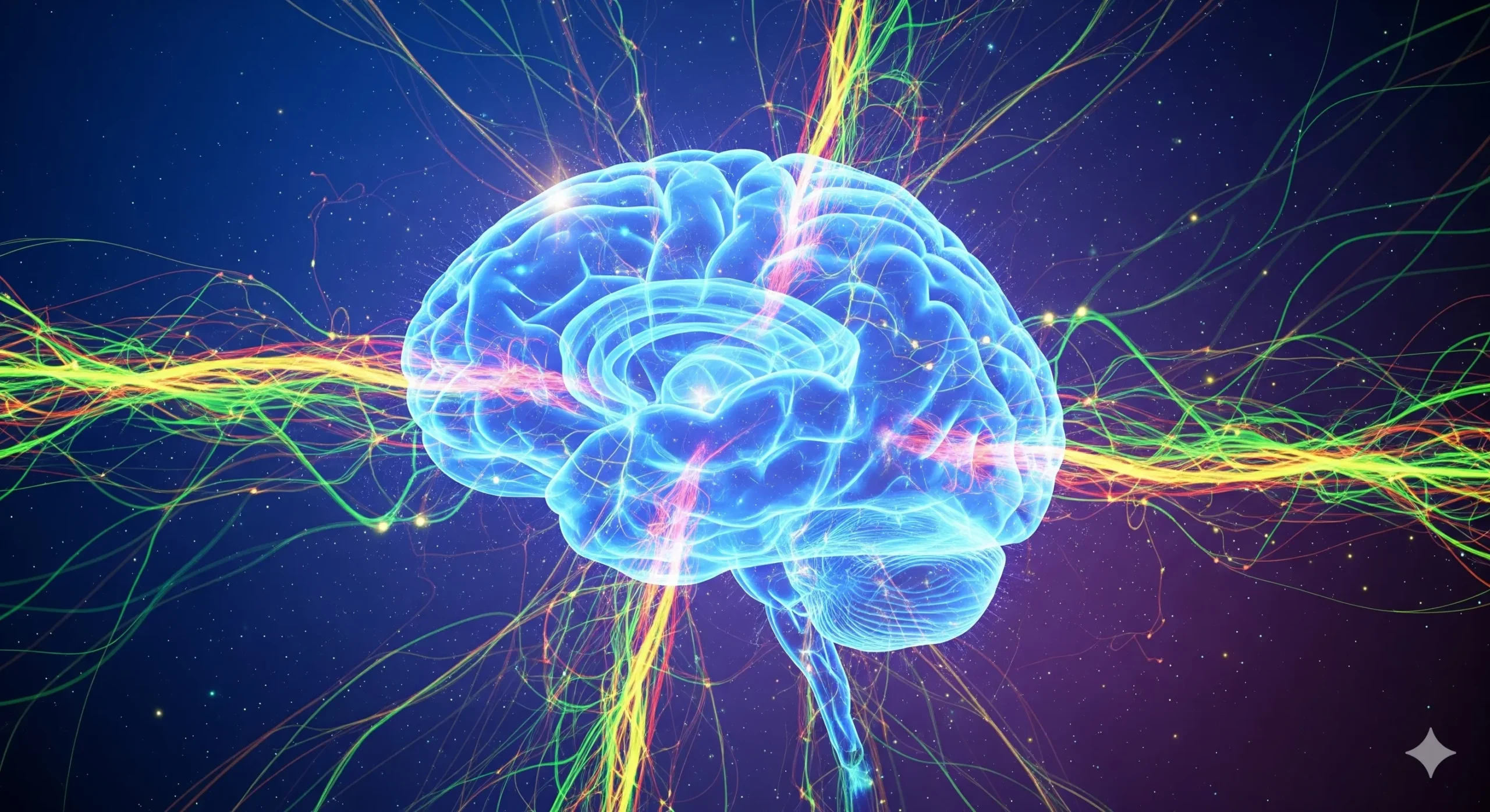 An abstract digital artwork of a healthy brain with bright, interconnected neural pathways, representing enhanced cognitive function and vitality.