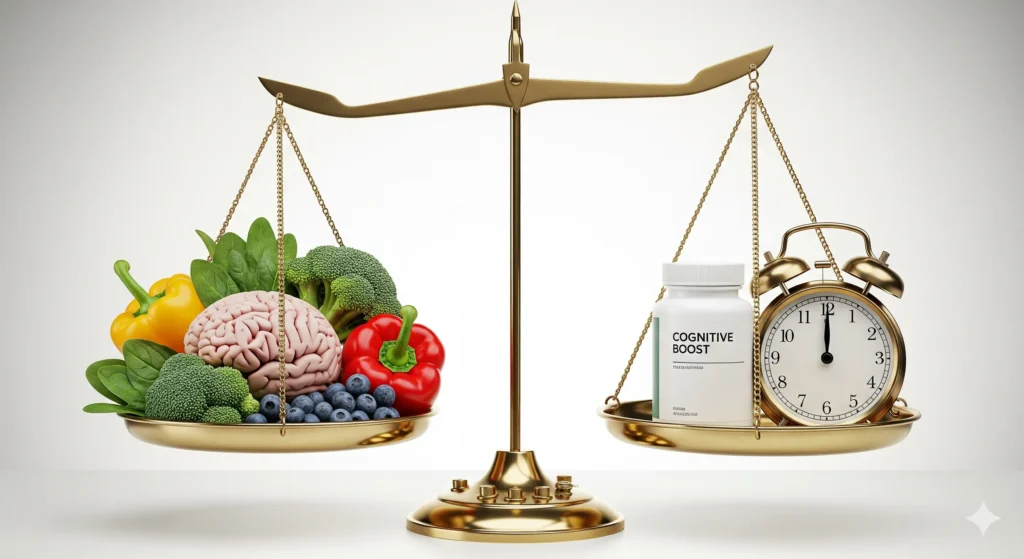 A balanced scale visually represents the importance of combining healthy habits (shown as a brain and vegetables) with natural supplements (shown as a bottle of pills and a clock), highlighting the synergy for optimal cognitive health.