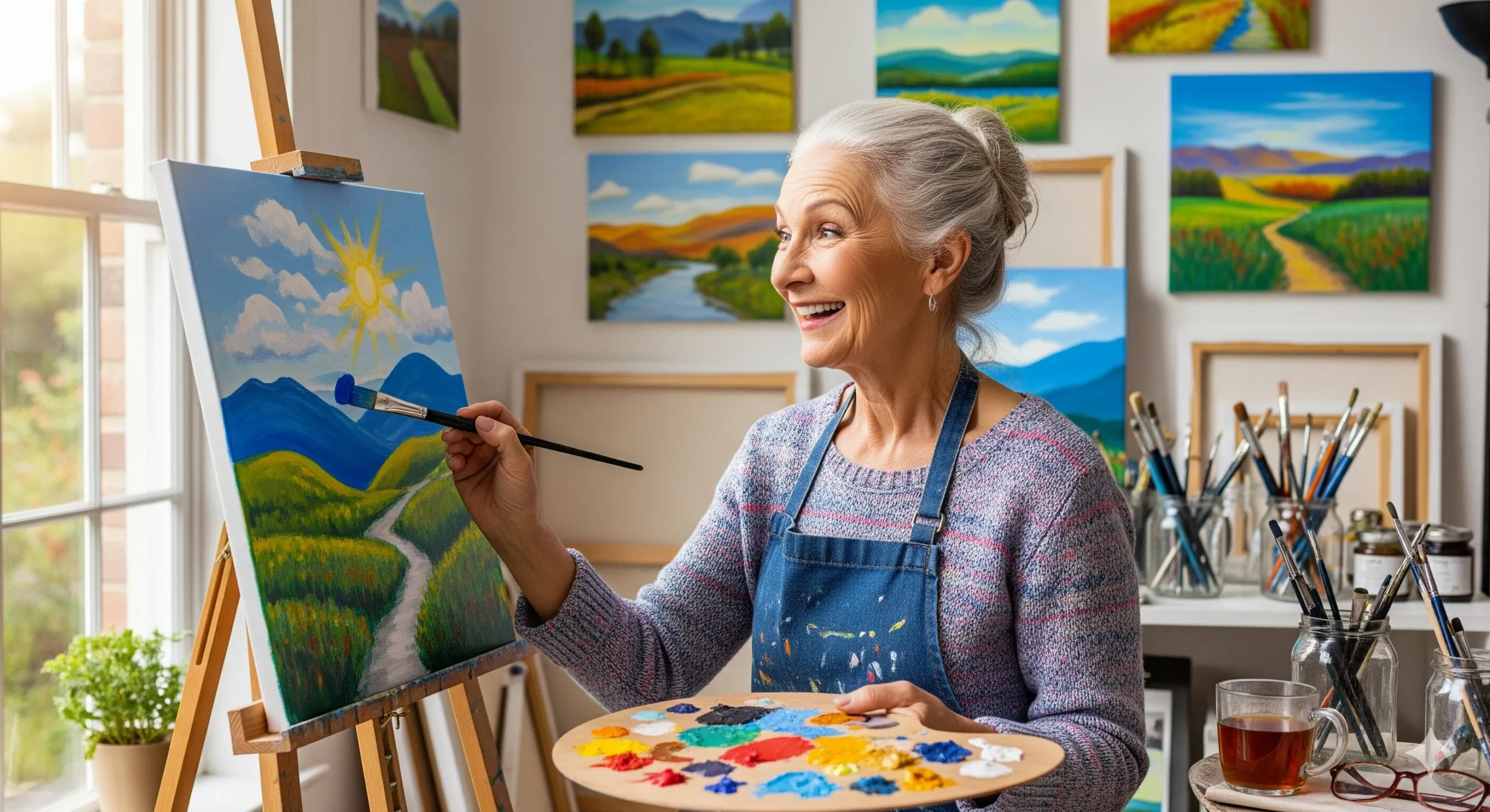 A bright-eyed older adult happily painting a canvas, demonstrating a lively and mentally active lifestyle fueled by a sharp mind.